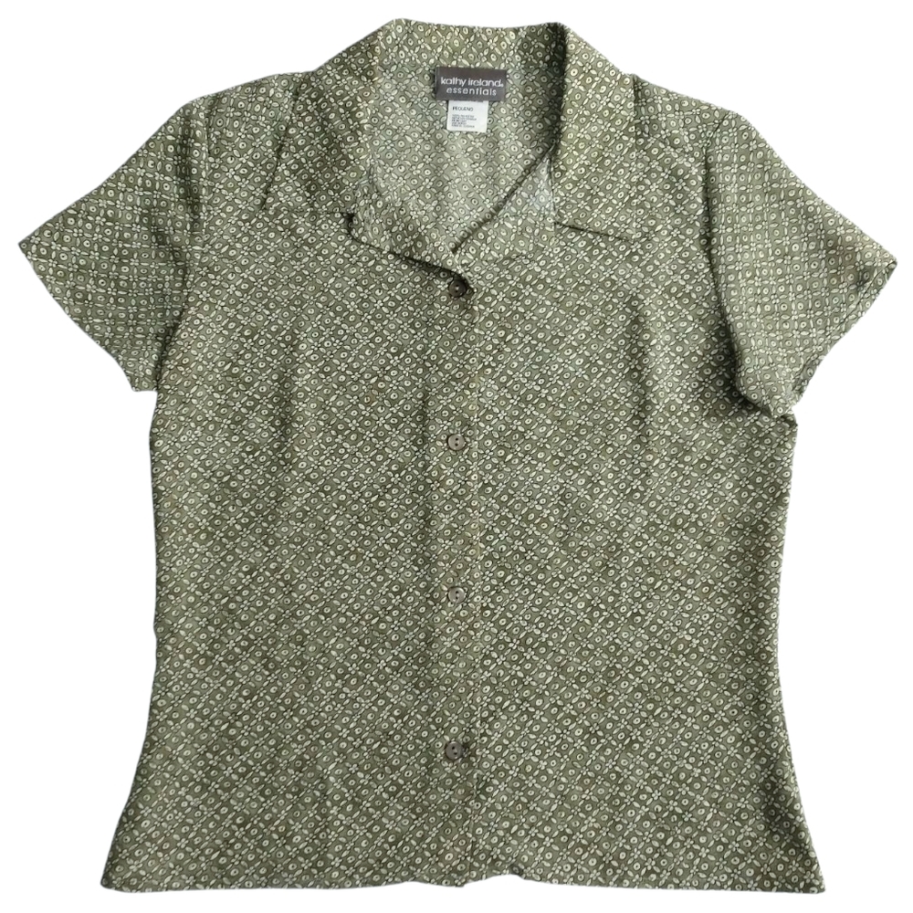 Kathy Ireland Women's Green Floral Pattern Button Up Shirt S Small